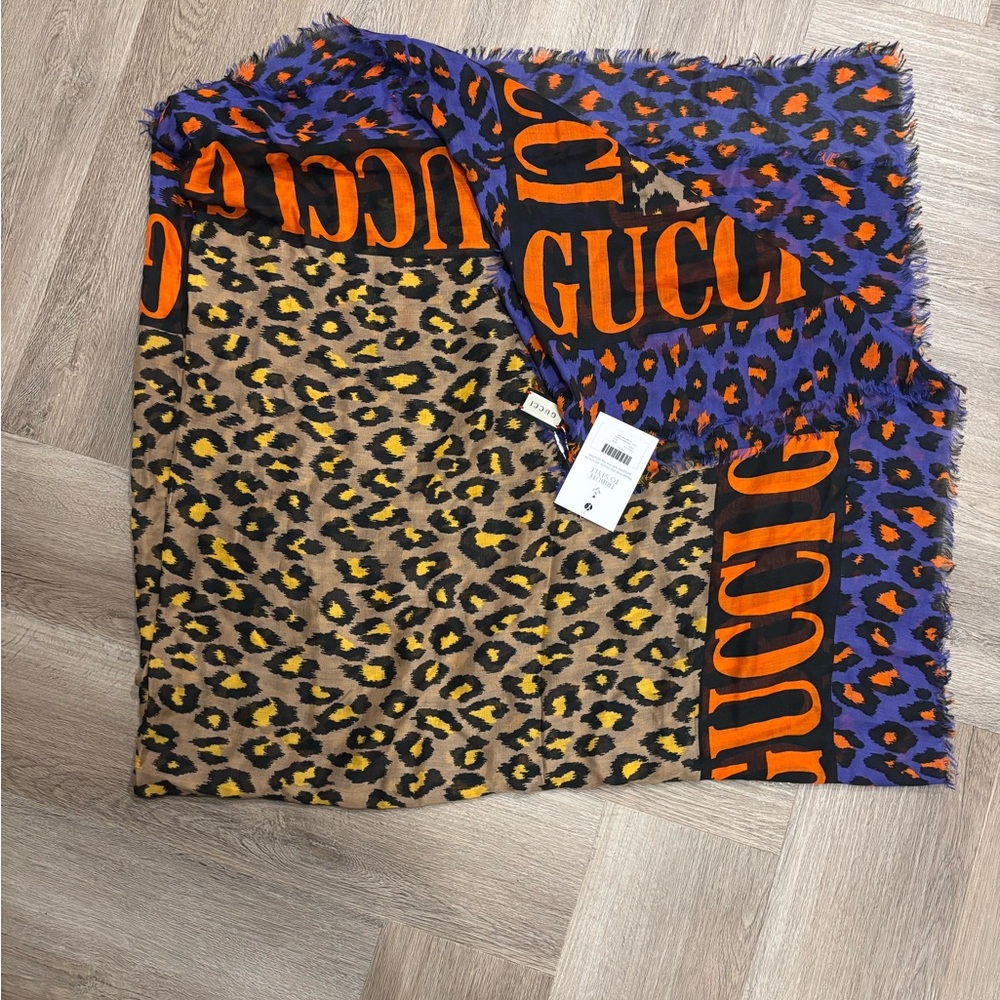 Gucci Leopard Print Scarf - Blue and Orange - Picture 2 of 3